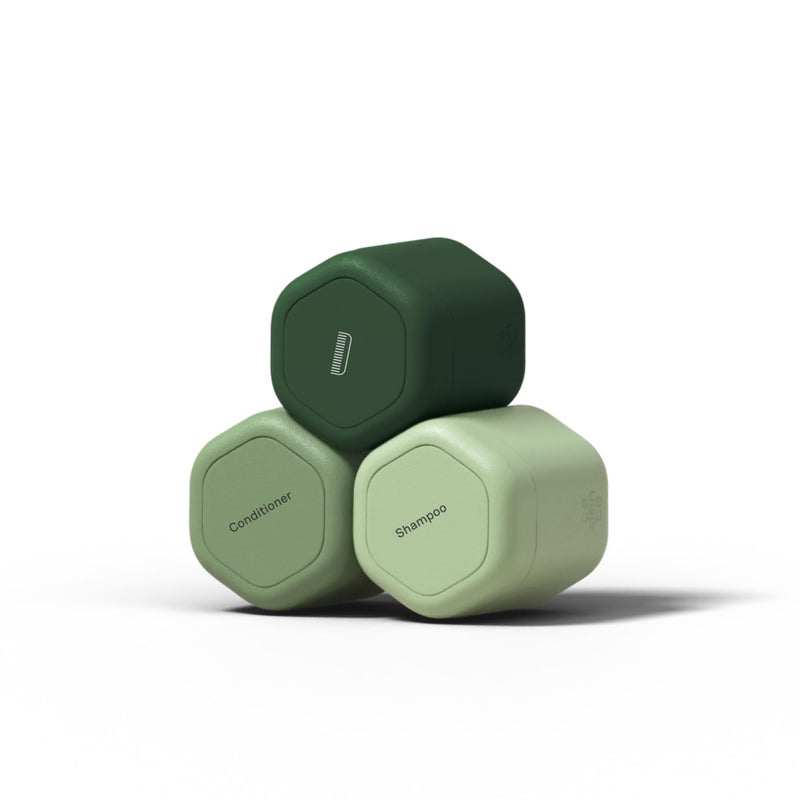 Cadence Travel Containers Haircare Capsule Set  Magnetic Containers with LidsCarry On Travel Essentials For WomenMen  3 Flex Mediums 132oz  Shampoo Conditioner  Comb Icon Labels  Evergreen