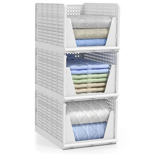 Sorbus 3 Pack Folding Closet Shelf Organizer for Clothes Versatile Stackable Storage Baskets for Closet Bathroom Kitchen and Garage Easy Access Open Front Design Plastic Organizer Shelves - Image 1