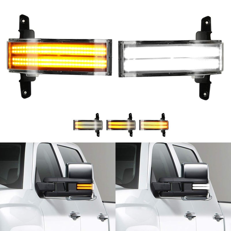 ROCCS LED Sequential Amber Side Mirror Marker Turn Signals White Parking Cargo Lights Switchback Tow Mirror Light for 20142019 Chevy Silverado GMC Sierra 1500 2500HD 3500HD Clear Lens