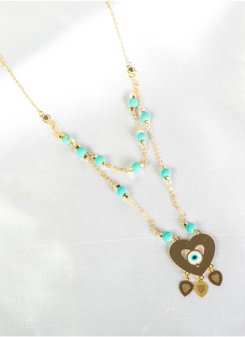 The Black Pearl Accessories - Chinese Gold Necklace gold 2 Layer with Blue Eye Heart and turquise stone Pendant - Image 1