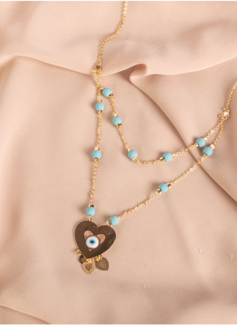 The Black Pearl Accessories - Chinese Gold Necklace gold 2 Layer with Blue Eye Heart and turquise stone Pendant - Image 1