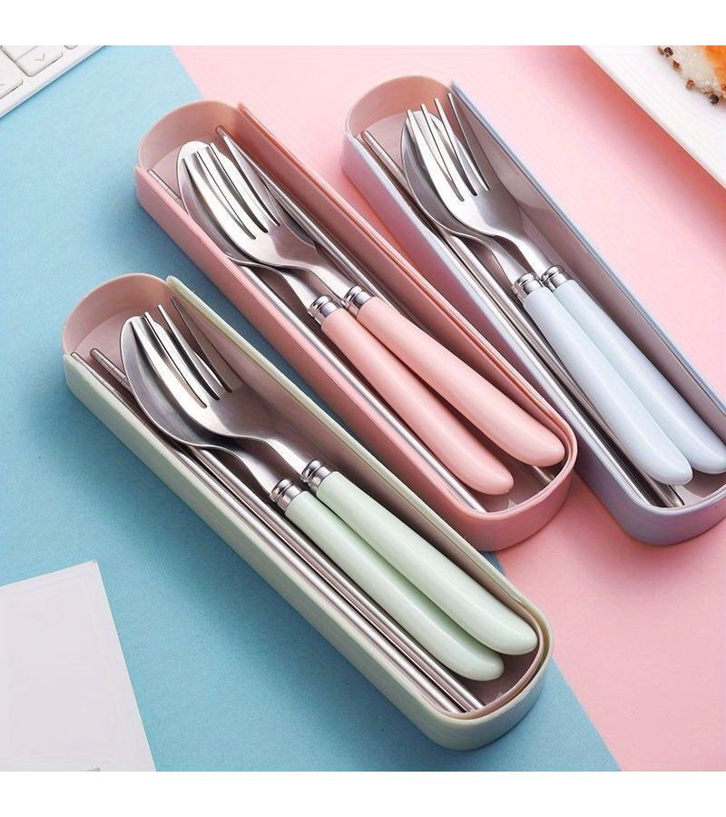 Pink Stainless Steel Utensil Set Fork Chopsticks Spoon Student Office Gift - Image 5