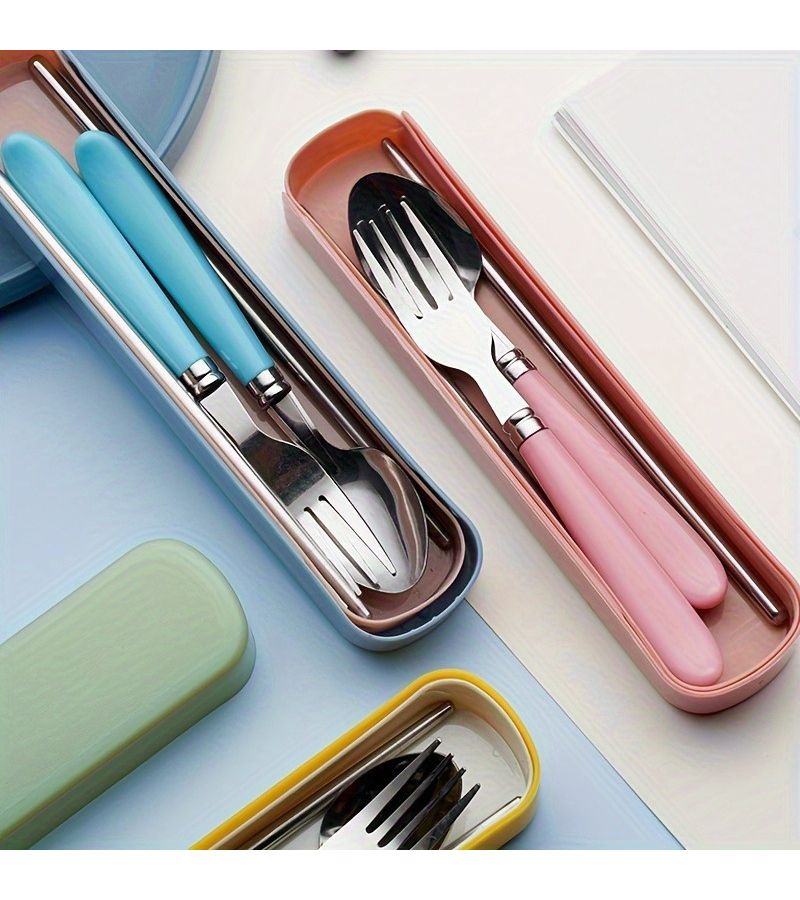 Pink Stainless Steel Utensil Set Fork Chopsticks Spoon Student Office Gift - Image 3