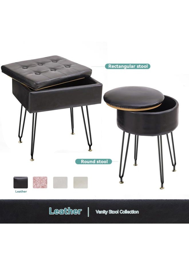 BRIAN & DANY Vanity Stool, Leather Vanity Stool Chair with Storage, Round Makeup Chair Soft Padded Seat with Legs for Bedroom (Black) - Image 3