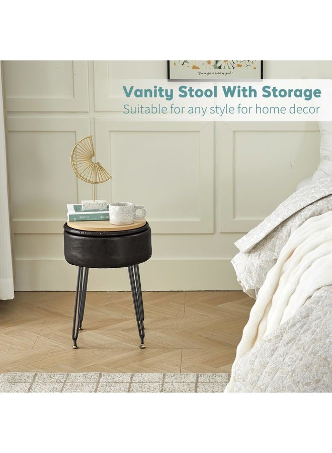 BRIAN & DANY Vanity Stool, Leather Vanity Stool Chair with Storage, Round Makeup Chair Soft Padded Seat with Legs for Bedroom (Black) - Image 4