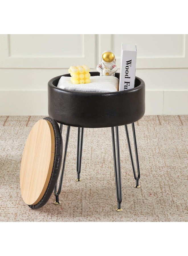 BRIAN & DANY Vanity Stool, Leather Vanity Stool Chair with Storage, Round Makeup Chair Soft Padded Seat with Legs for Bedroom (Black) - Image 1