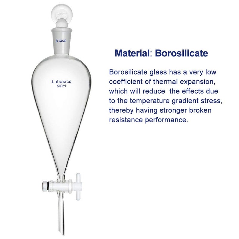 Labasics Borosilicate Glass 500ml Conical Separatory Funnel with PTFE Stopcock, 500mL - Image 4