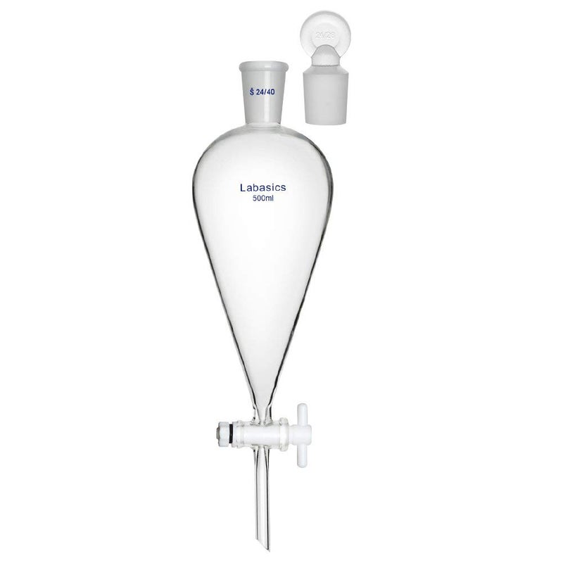 Labasics Borosilicate Glass 500ml Conical Separatory Funnel with PTFE Stopcock, 500mL - Image 1