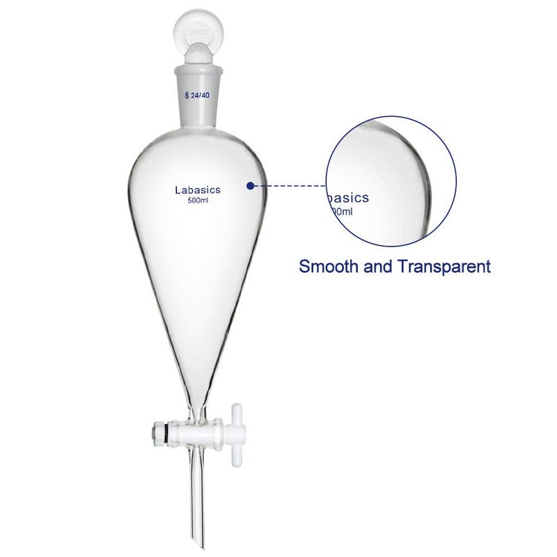 Labasics Borosilicate Glass 500ml Conical Separatory Funnel with PTFE Stopcock, 500mL - Image 3