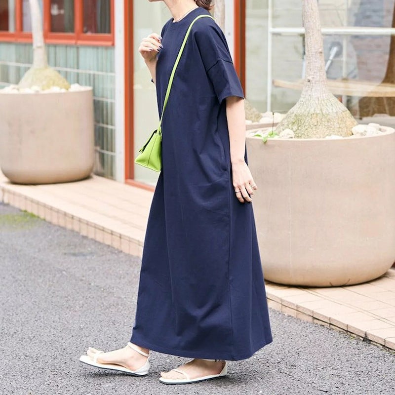 Japanese Style T-Shirt Dress for Women, Solid Color, Slim Fit, A-Line, Short Sleeve - Image 3