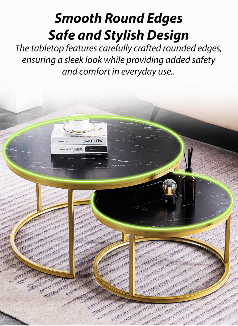 DBLEW - Modern Faux Black Marble Finish Round Nesting Coffee Table Set of 2 One Small and One Big Side Tea Tables with Golden Steel Base Space Saving Design Durable MDF Top Waterproof and Scratch-Resistant Perfect for Home Living Room Bedroom Outdoor Garden Patio or Small Spaces Versatile End Table, Sofa Side, Center Table Bedside Tables Stackable Accent Table - Image 1