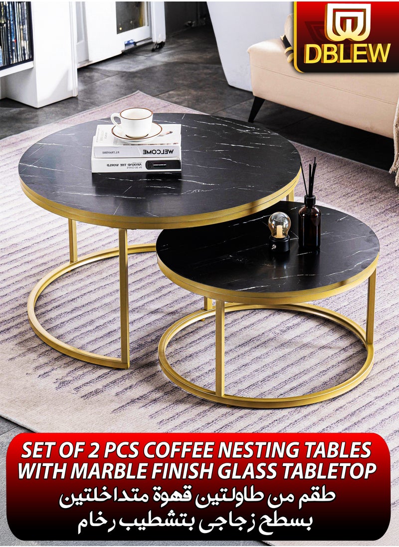 DBLEW - Modern Faux Black Marble Finish Round Nesting Coffee Table Set of 2 One Small and One Big Side Tea Tables with Golden Steel Base Space Saving Design Durable MDF Top Waterproof and Scratch-Resistant Perfect for Home Living Room Bedroom Outdoor Garden Patio or Small Spaces Versatile End Table, Sofa Side, Center Table Bedside Tables Stackable Accent Table - Image 1