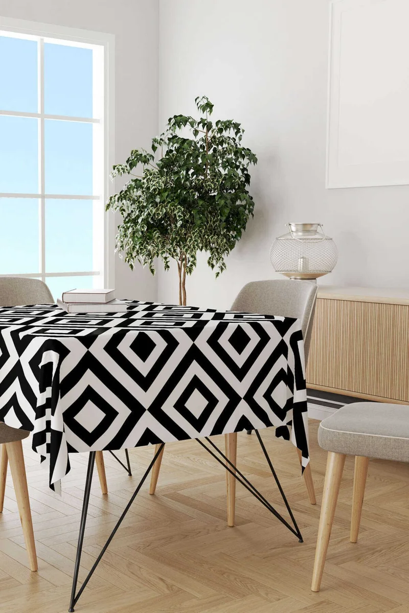 كانغو هوم White Black Decorative Geometric Patterned Digital Printed Tablecloth OTYK565-MS