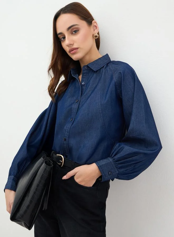 Styli Dark Blue Balloon Sleeves Denim Blouse