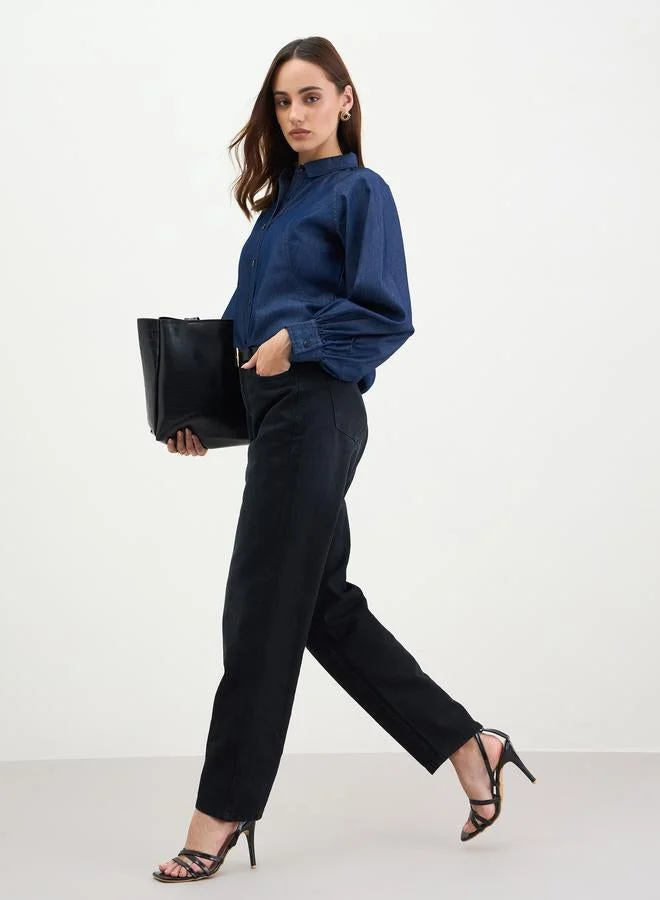 Styli Dark Blue Balloon Sleeves Denim Blouse