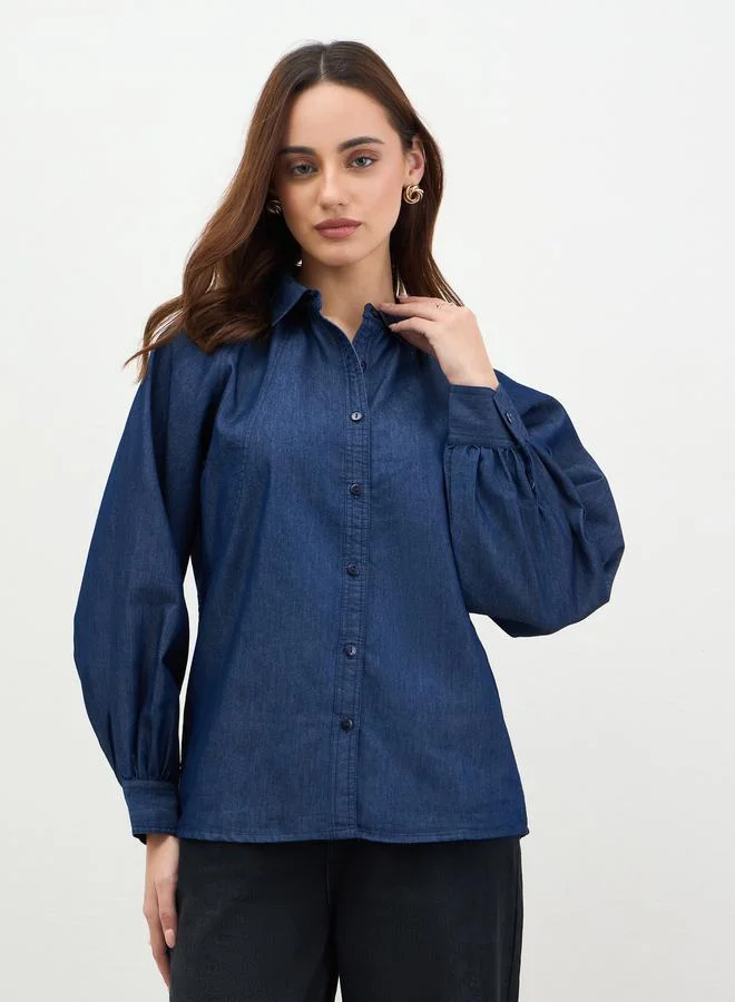 Styli Dark Blue Balloon Sleeves Denim Blouse