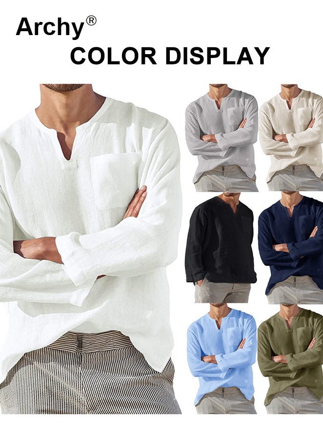 Archy Mens Cotton Linen Henley Shirt Casual Long Sleeve V Neck Loose Beach Tops Long T Shirt Solid Color Streetwear for Men  - Image 3