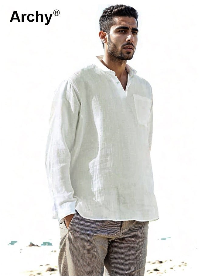 Archy Mens Cotton Linen Henley Shirt Casual Long Sleeve V Neck Loose Beach Tops Long T Shirt Solid Color Streetwear for Men  - Image 4