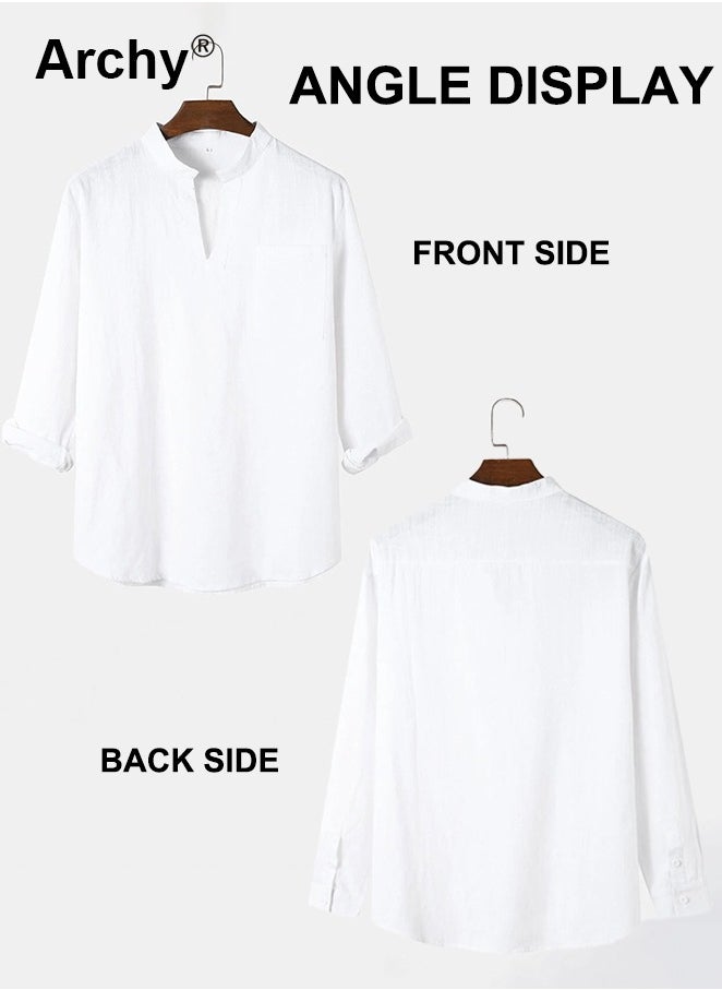 Archy Mens Cotton Linen Henley Shirt Casual Long Sleeve V Neck Loose Beach Tops Long T Shirt Solid Color Streetwear for Men  - Image 5