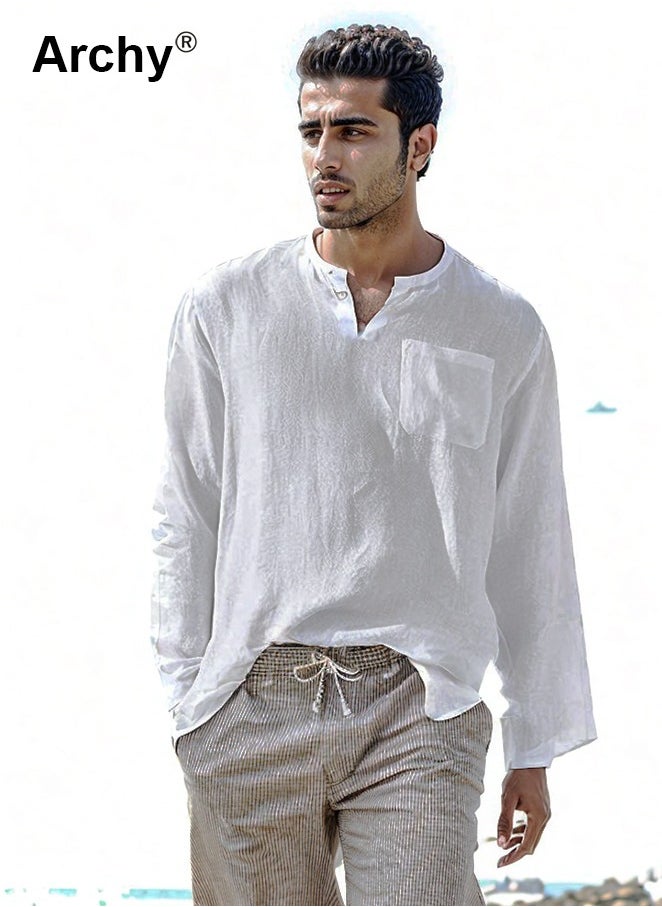 Archy Mens Cotton Linen Henley Shirt Casual Long Sleeve V Neck Loose Beach Tops Long T Shirt Solid Color Streetwear for Men  - Image 1