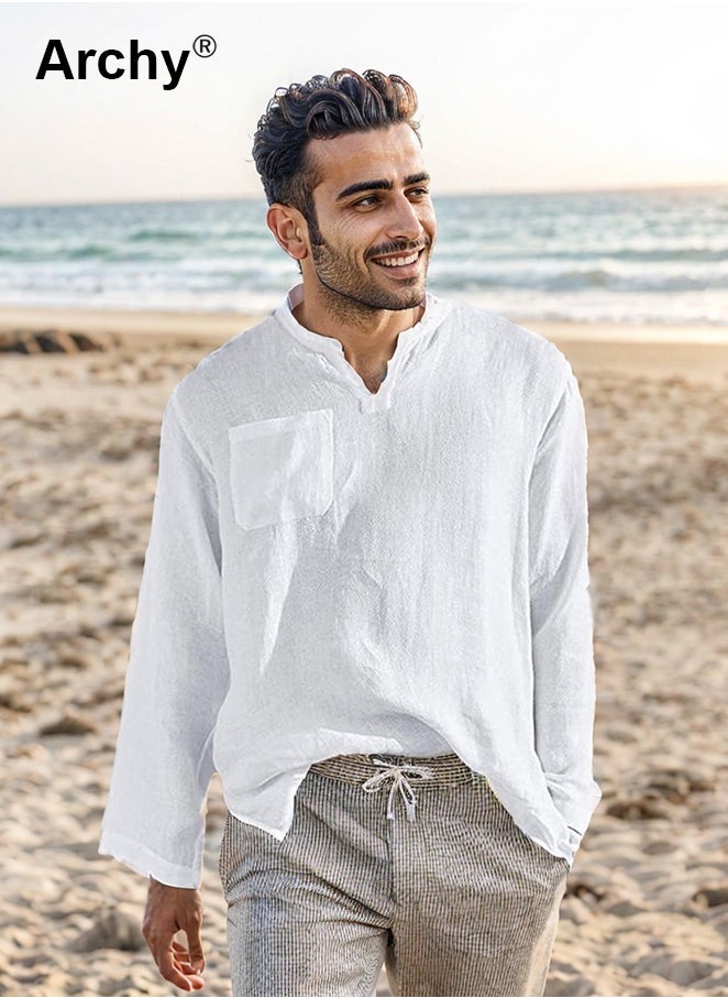 Archy Mens Cotton Linen Henley Shirt Casual Long Sleeve V Neck Loose Beach Tops Long T Shirt Solid Color Streetwear for Men  - Image 2
