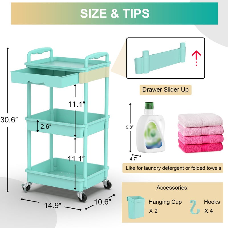 Goovilla 3 Tier Rolling Utility Cart Organizer with Removable Drawer, Stable and Sturdy Blue Rolling Storage Carts with 2 Lockable Wheels for Bathroom, Kitchen, Snack, Craft, Makeup, Baby Essentials - Image 4