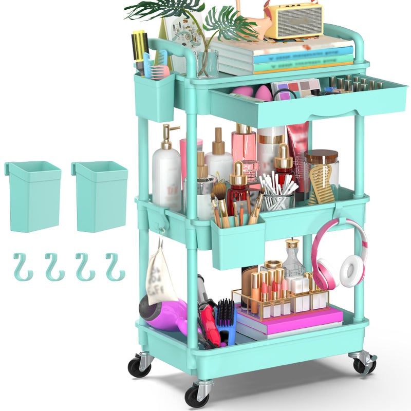 Goovilla 3 Tier Rolling Utility Cart Organizer with Removable Drawer, Stable and Sturdy Blue Rolling Storage Carts with 2 Lockable Wheels for Bathroom, Kitchen, Snack, Craft, Makeup, Baby Essentials - Image 1