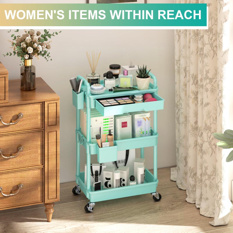 Goovilla 3 Tier Rolling Utility Cart Organizer with Removable Drawer, Stable and Sturdy Blue Rolling Storage Carts with 2 Lockable Wheels for Bathroom, Kitchen, Snack, Craft, Makeup, Baby Essentials - Image 5