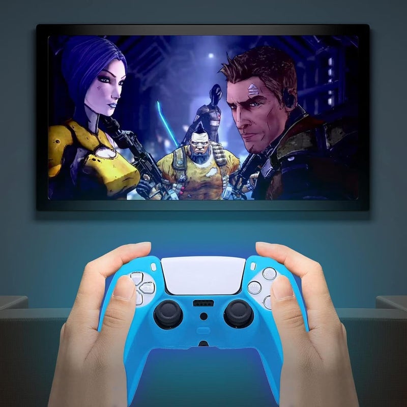 أغطية جهاز التحكم PS5 من السيليكون، قبضة مضيئة باللون الأزرق في الظلام، حامي لجهاز التحكم PS5 Dualshock 5 + 8 قطع أغطية ومقابض الزناد L2 R2 مضيئة في الظلام. - Image 2