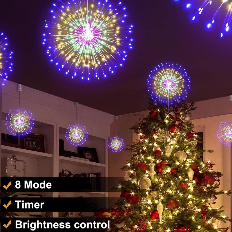 DenicMic أضواء دينيكميك ستاربورست 200 LED على شكل ألعاب نارية، أضواء كروية من الأسلاك النحاسية مع جهاز تحكم عن بعد، 8 أوضاع تعمل بالبطارية، كرة معلقة من الأضواء الخيالية لديكور عيد الميلاد وغرفة النوم والحفلات الداخلية، قطعتان (ملونة) - Image 5
