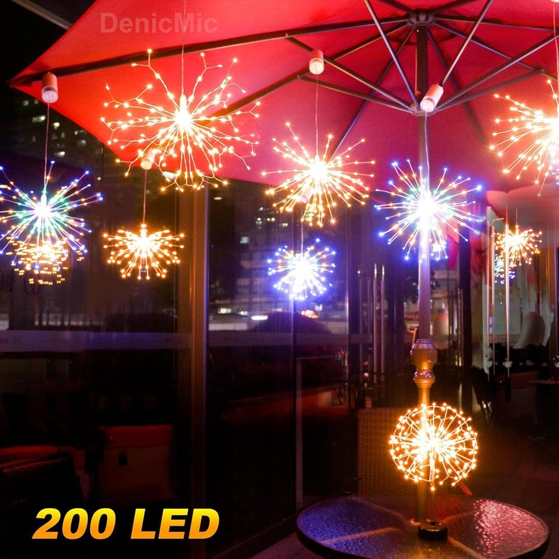 DenicMic أضواء دينيكميك ستاربورست 200 LED على شكل ألعاب نارية، أضواء كروية من الأسلاك النحاسية مع جهاز تحكم عن بعد، 8 أوضاع تعمل بالبطارية، كرة معلقة من الأضواء الخيالية لديكور عيد الميلاد وغرفة النوم والحفلات الداخلية، قطعتان (ملونة) - Image 2