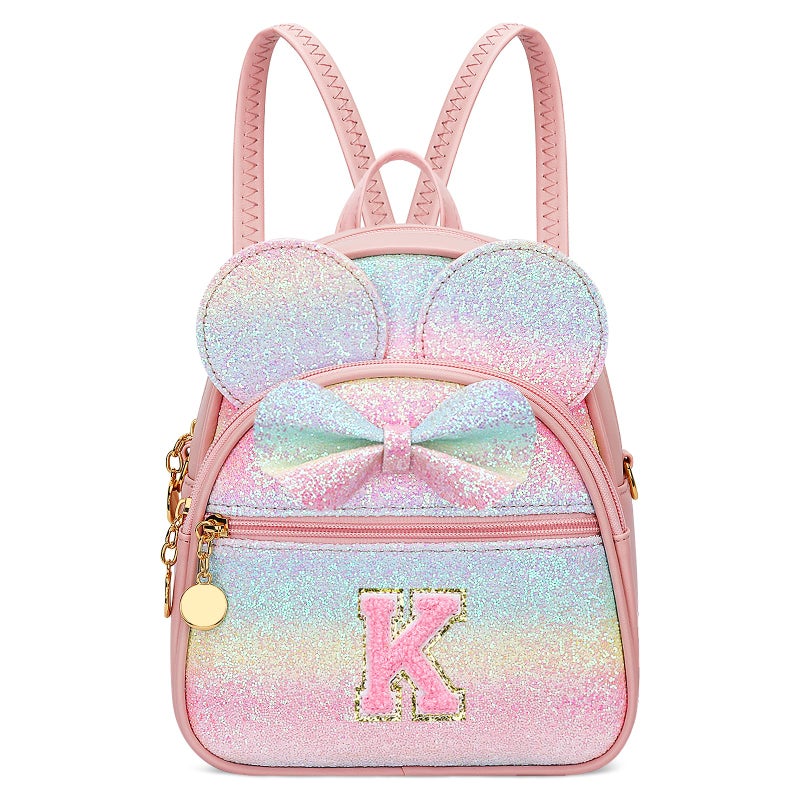 KKXIU Initial Bowknot Mini Backpacks for Girls Women, Small Cute Backpack Purse, Personalized Birthday Gifts for Toddler, Kids and Teen Girls(K, Rainbow) - Image 1