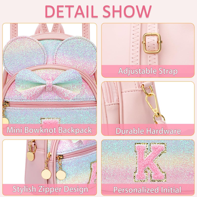 KKXIU Initial Bowknot Mini Backpacks for Girls Women, Small Cute Backpack Purse, Personalized Birthday Gifts for Toddler, Kids and Teen Girls(K, Rainbow) - Image 4