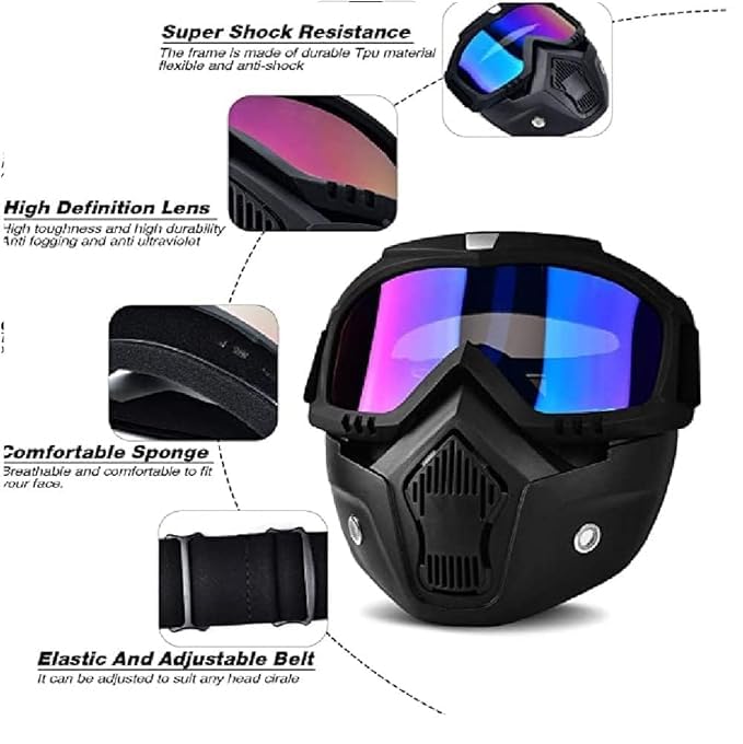BELOXY Goggle Mask Anti Scratch UV Protective Open Face & Eyewear Windproof Dirt Shield Adjustable Strap Soft Foam Padded Detachable for Cycling Bike Off Road Racing Riding Unisex (A1) - Image 3
