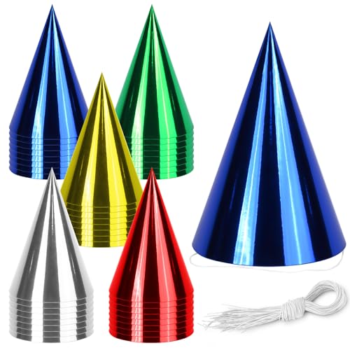 WEOXPR 40 Pack Colorful Birthday Party Hats for KidsSmall Metallic Foil Cone Hat Party Favors Headwear Adults Paper Party Hats Bulk in Red Green Gold Silver and Blue40 Pack color hats5 Colors - Image 1