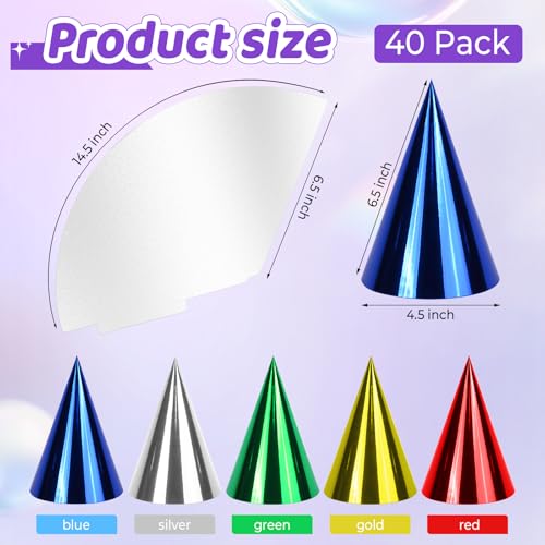 WEOXPR 40 Pack Colorful Birthday Party Hats for KidsSmall Metallic Foil Cone Hat Party Favors Headwear Adults Paper Party Hats Bulk in Red Green Gold Silver and Blue40 Pack color hats5 Colors - Image 5