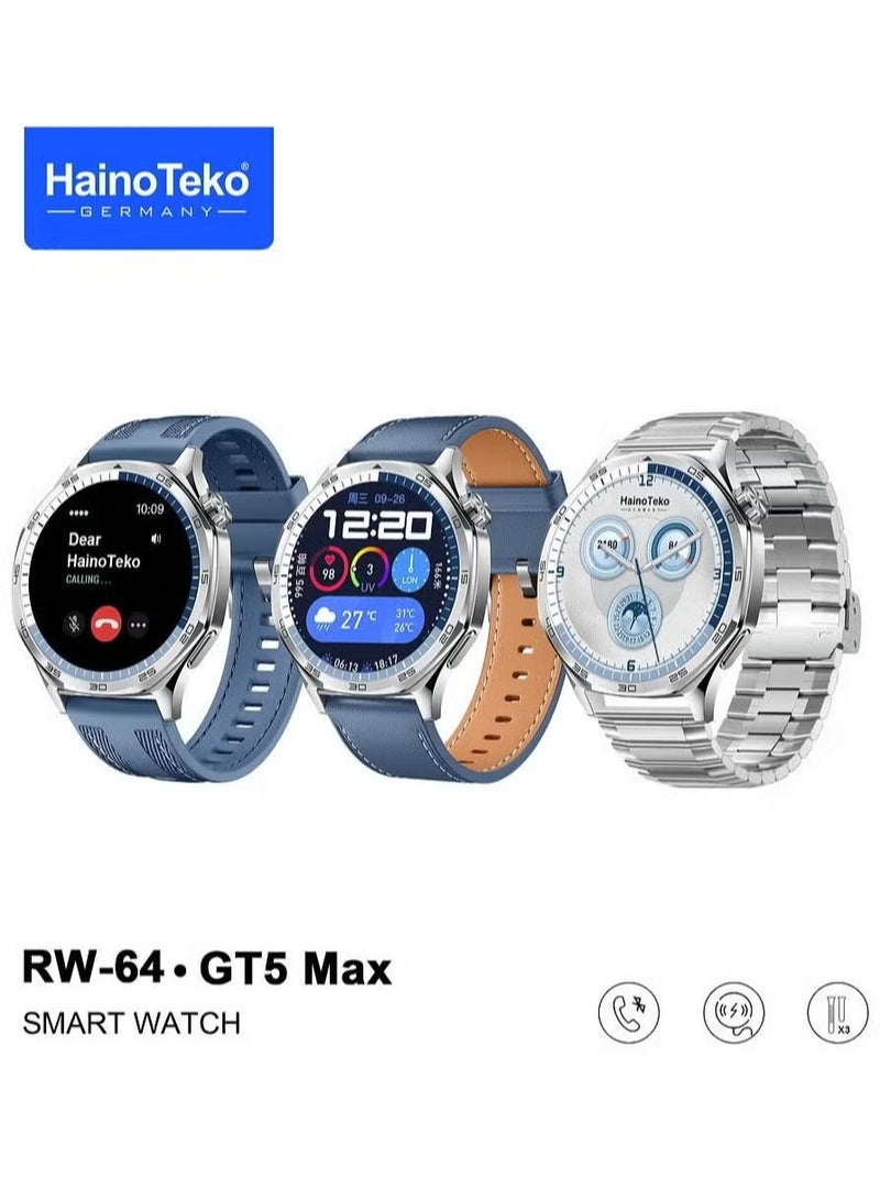 Raxoom RW-64 GT5 Max Smartwatch – Large AMOLED Display, Voice Assistant, 3 Pair Straps for Men, Premium Design, Blue - Image 1