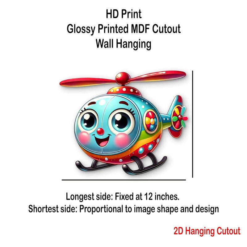 CLITHS 3D Helicopter Wall Hanging - 12 Inch MDF Cutout for Kids Room Decor | Cartoon Aircraft Toy Wall Art | Playroom Decor | Gift for Boys & Girls (Multi-Color) - Image 2