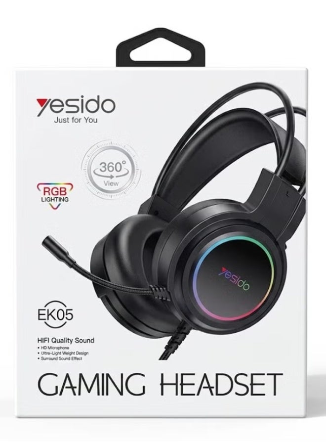 Yesido EK05 Wired RGB Gaming Headset with Noise Reducing Microphone, RGB LED Lighting, Stereo Surround Sound, Over Ear Headphones for PC, Laptop, PS4, PS5, Gaming and Online Chat, Black - Image 1