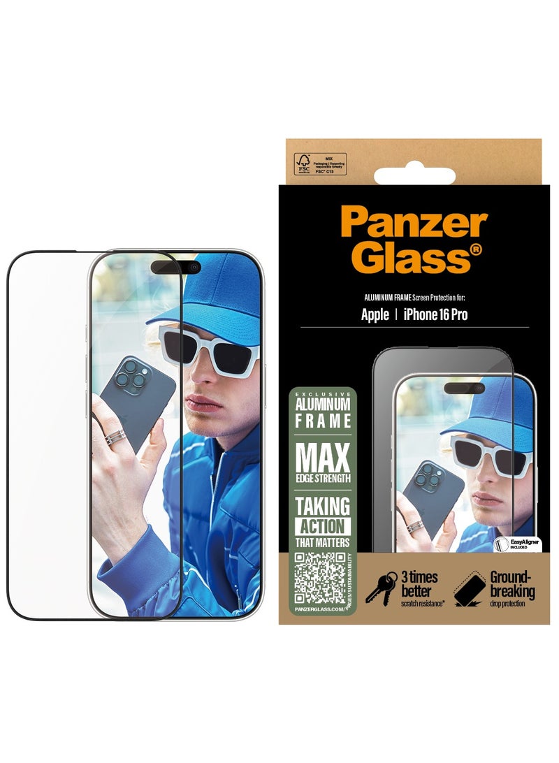 PanzerGlass حماية شاشة إطار الألمنيوم PanzerGlass® لجهاز Apple iPhone 16 Pro، EasyAligner، زجاج مقسى، مقاومة عالية للخدوش، مقاومة للصدمات، إطار ألمنيوم أنيق - Image 1