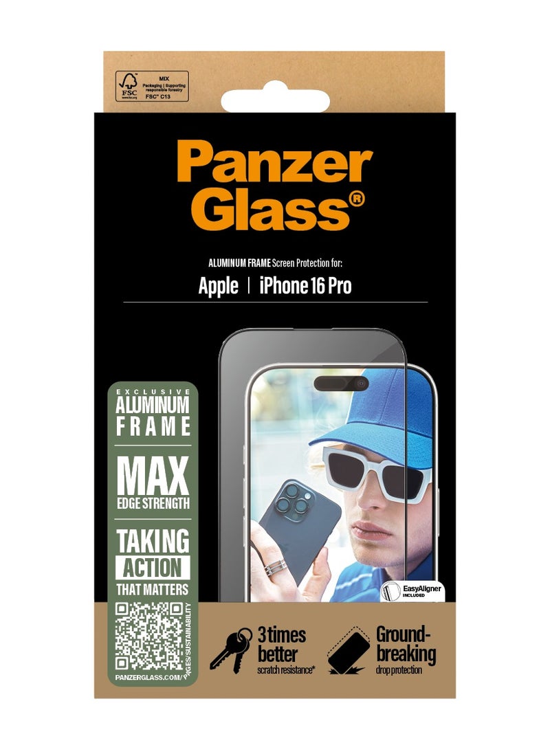 PanzerGlass حماية شاشة إطار الألمنيوم PanzerGlass® لجهاز Apple iPhone 16 Pro، EasyAligner، زجاج مقسى، مقاومة عالية للخدوش، مقاومة للصدمات، إطار ألمنيوم أنيق - Image 3