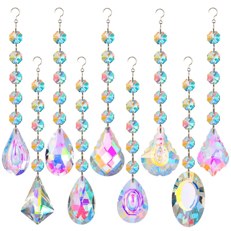 XINRUI Hanging Crystals for Windows 9 Pack Suncatcher Prism with Chain Colorful Sun Catcher Beads Kit Bulk Rainbow Maker for Home Office Garden Decoration Window Decorations Decor