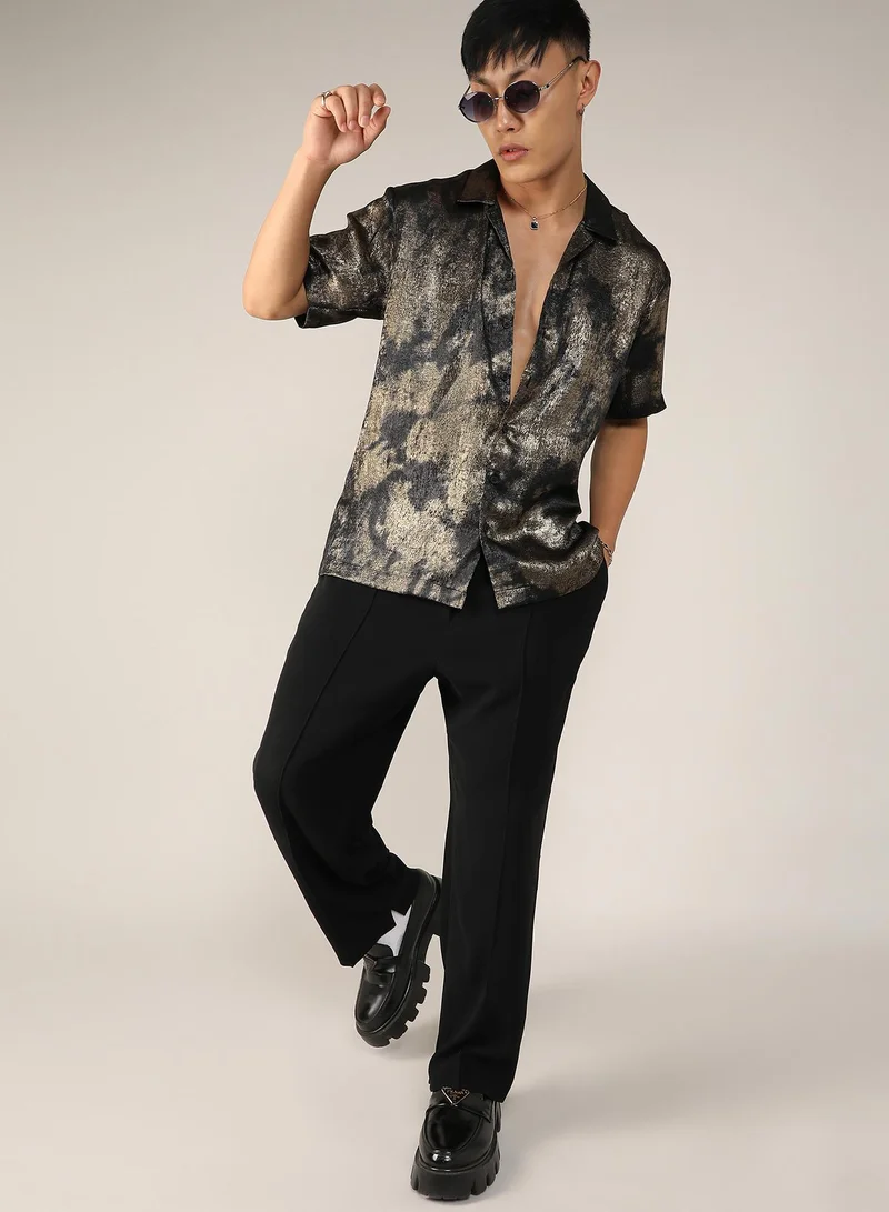 Campus Sutra Men's Midnight Black & Metallic Gold Metallic Ombre Shirt