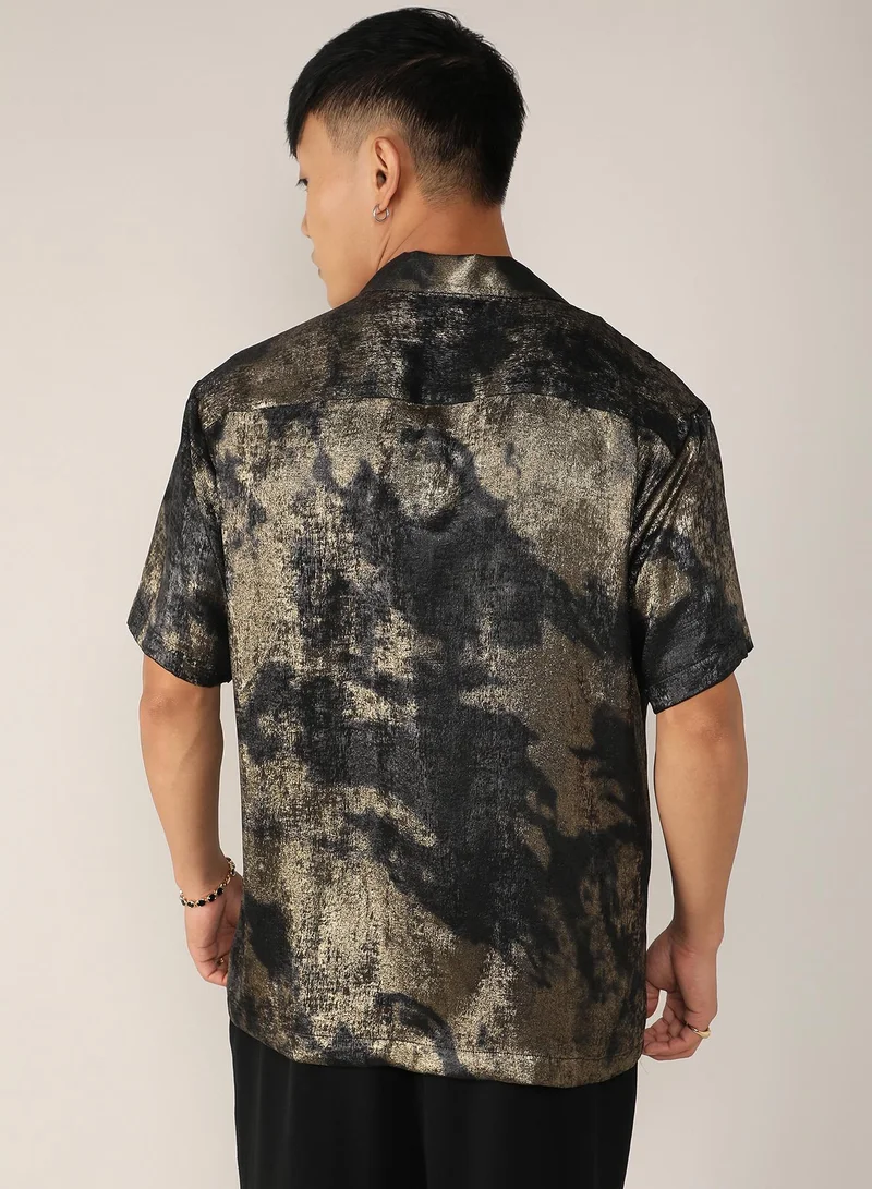 Campus Sutra Men's Midnight Black & Metallic Gold Metallic Ombre Shirt