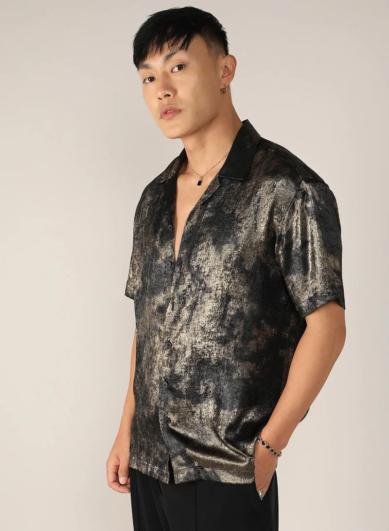 Campus Sutra Men's Midnight Black & Metallic Gold Metallic Ombre Shirt