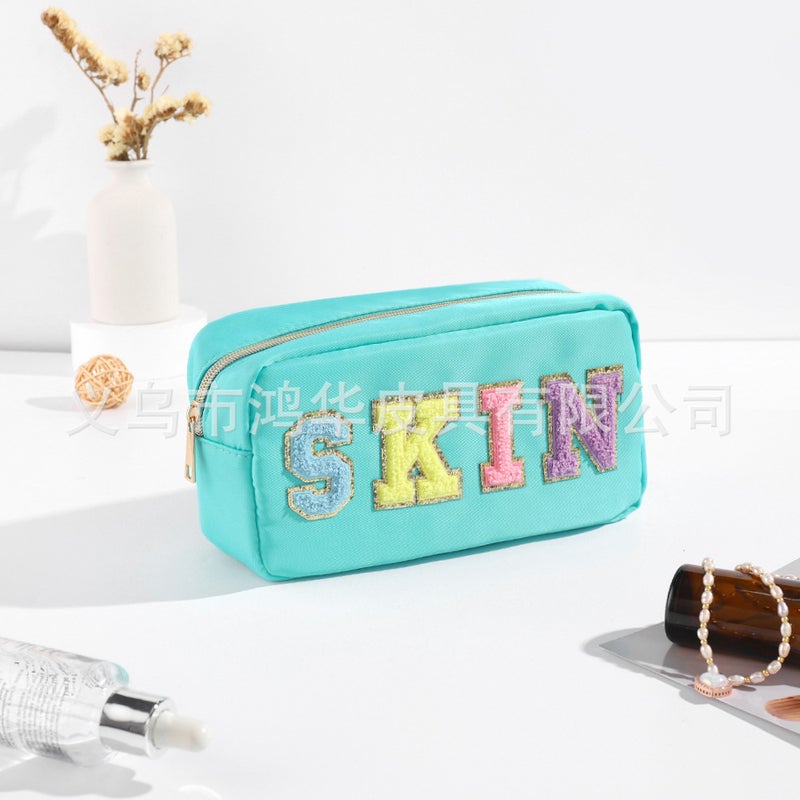 Factory Direct Supply Fashion Solid Color Towel Embroidered Nylon Letter Cosmetic Bag Womens Casual Waterproof Large Capacity Storage BagSky Blue (SKIN) Sky Blue (SKIN)
