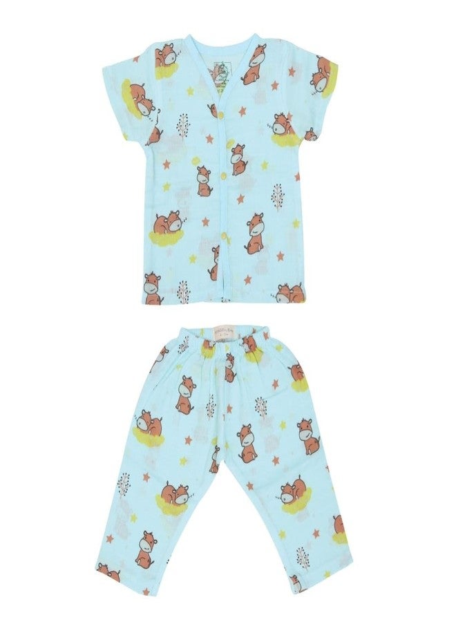 A toddler thing 100% Organic Muslin Cotton Half Sleeve Sleepsuits|Pajama Sets for Boys and Girls|Kids Nightwear|Sleepy Hippo|3-6 Months - Image 1