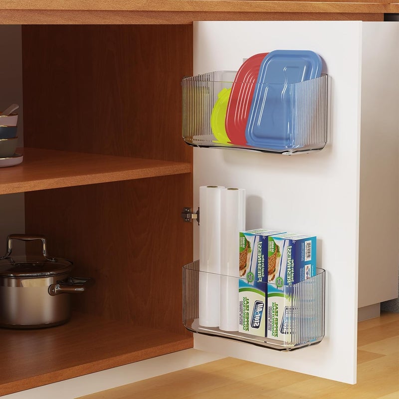 KASTWAVE 2 Pack Kitchen Door Storage Box, Cabinet Door Organizers Plastic Wrap Holders for Kitchen Organizers, No drilling Wall Door Mount Kitchen Wrap Rack for Foil Wrap, Cling Wrap, and Food Bags (Clear) - Image 3