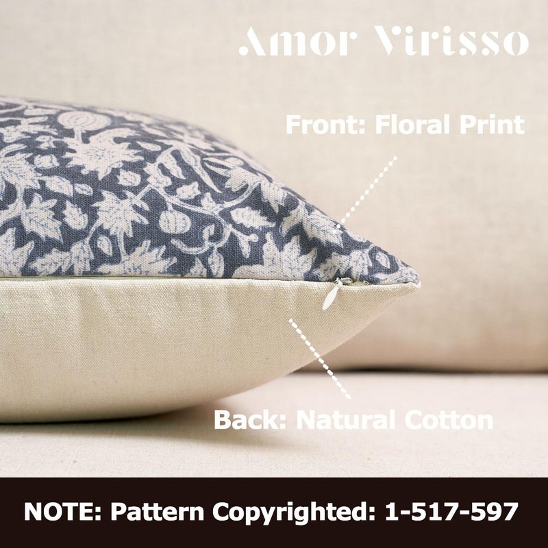 Amor Virisso Floral Throw Pillow Covers 18x18 Couch Pillows for Living Room Decorative Accent Pillow Covers Block Print Farmhouse Neutral Pillow Covers Sofa Pillows 1PC, Dusty Blue - Image 2