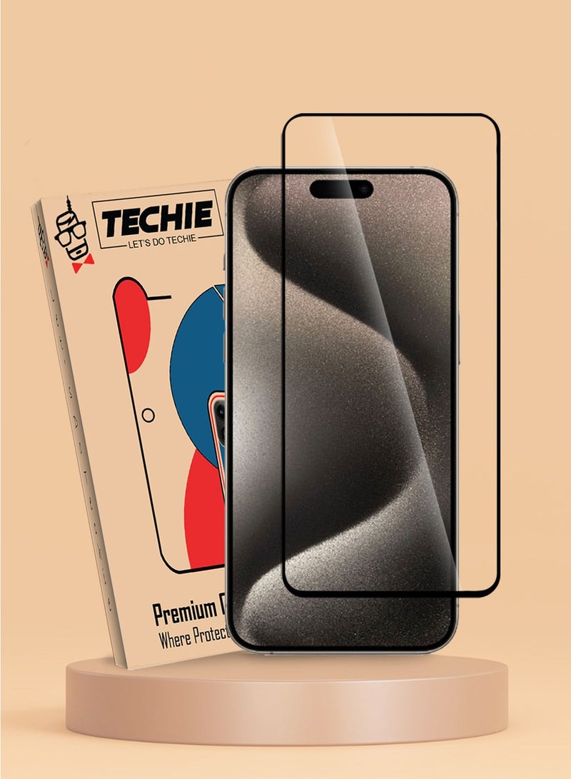 Techie حماية شاشة زجاجية مقسّاة HD بصلابة 9H تغطي كامل الشاشة لجهاز Apple iPhone 15 Pro Max - مضادة للخدوش، مضادة لبصمات الأصابع، وتقنية خالية من الفقاعات - Image 1